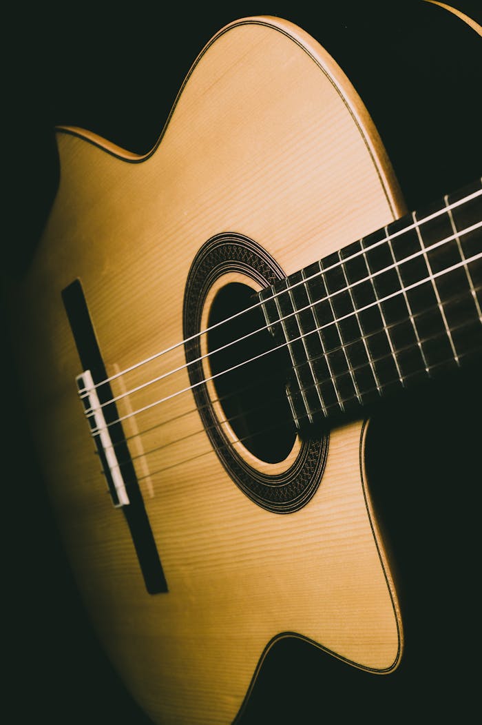 Detailed shot of a classic acoustic guitar's strings and body.