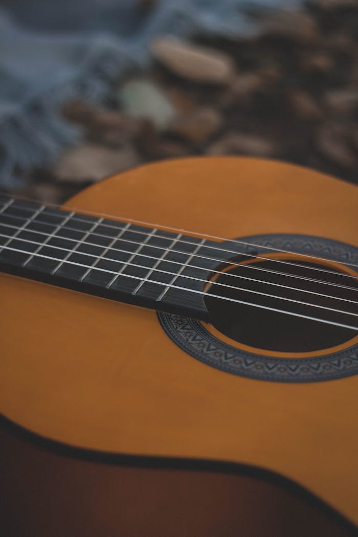 Artistic close-up of an acoustic guitar outdoors, showcasing its design and strings.
